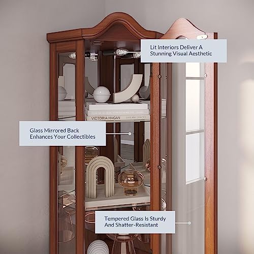 BELLEZE Lighted Corner Display Curved Top Curio Cabinet Wooden Shelving Unit with Tempered Glass Door