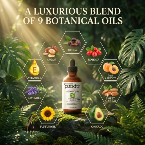 PURA D'OR Vitamin E Oil Botanical Blend, 4 fl oz | Ultra-Nourishing Hydration, USDA Certified, Jojoba, Argan, Almond, Avocado, Body Massage, Cuticles