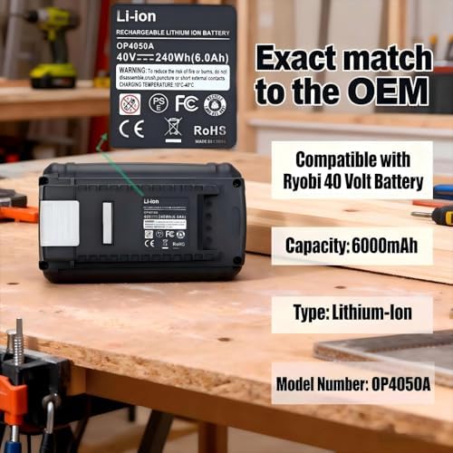 Biswaye 40V 6Ah Lithium Battery Replacement for Ryobi 40V Battery OP4040 OP40601 OP4026 OP40261 OP40401 OP40501 OP4015 OP40602 OP40404 OP40603