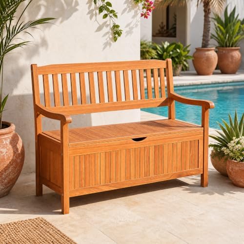 Tangkula Outdoor Wood Storage Bench Deck Box, Entryway Porch Storage Bench with Inner Removable Dust-Proof Lining & Portable Handles