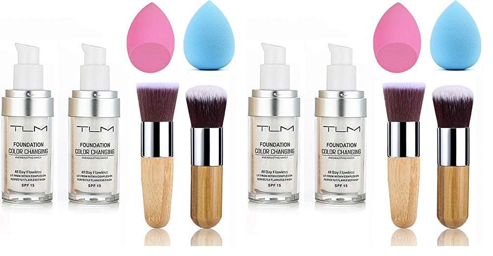 2pcs TLM Color Changing Foundation Liquid with 2 Brushes and 2 Cosmetics Sponge Flawless Full Coverage Natural Color Face Primer Base Makeup 30ml