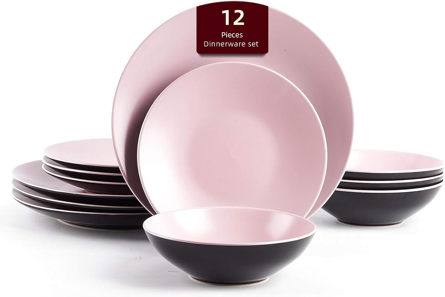 Stoneware Two-Tone Colors Life 16pc Dinner Set，Outside Shiny Black + Inside Matte Glaze Olive