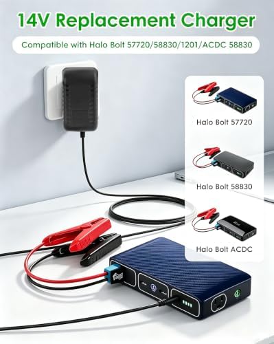 Charger Replacement for Halo ACDC Bolt 58830 Portable Car Jump Starter, 14 Volt Power Adapter Charging Cord 6.6 FT