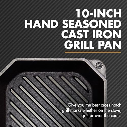 FINEX 10" Cast Iron Grill Pan, Grill Pans with Superior Heat Distribution, Near Non-Stick for Easy Cleaning, Cast Iron Grill Pan, For Indoor & Outdoor Grilling, Pre-Seasoned with Flaxseed Oil