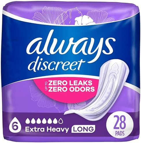 Always Discreet Adult Incontinence Pads for Women, Drier, 6 Drop Long Length, Extra Heavy Absorbency, Pads for Bladder Control Management, Bladder Leaks, & Postpartum Pads, 45ct