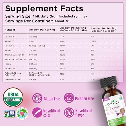 Organic Liquid Baby Multivitamin Drops Cherry Flavor (1 Fl Oz) 2 Months+ | Multivitamins Drops for Infants & Toddlers - Toddler Vitamins for Immune