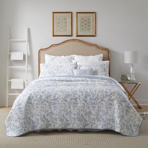 Laura Ashley – Queen Quilt Set, Soft & Lightweight Toile Bedding with Matching Shams, Reversible Floral Room Decor, College Dorm Room Essentials (Amberley Blue)