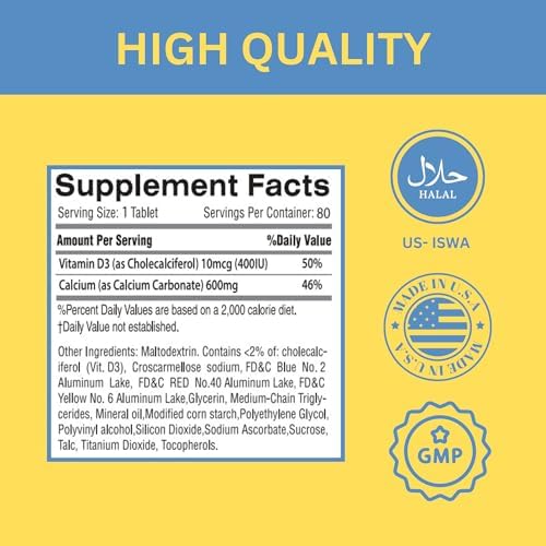 Greenfield Nutritions Halal Calcium Tablets with Vitamin D3 - Halal Calcium 600mg with Vitamin D3 400IU - 90 Halal Vitamins Calcium Tablets for
