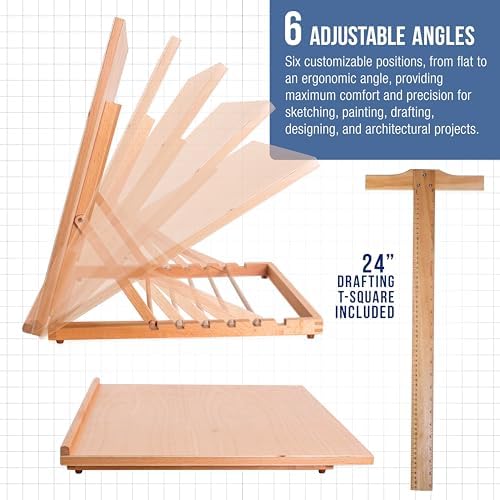 U.S. Art Supply X-Large 26" x 21" Wooden Drawing Board, Adjustable Table Top Easel for Painting and Drawing - Drafting Board with T-Square