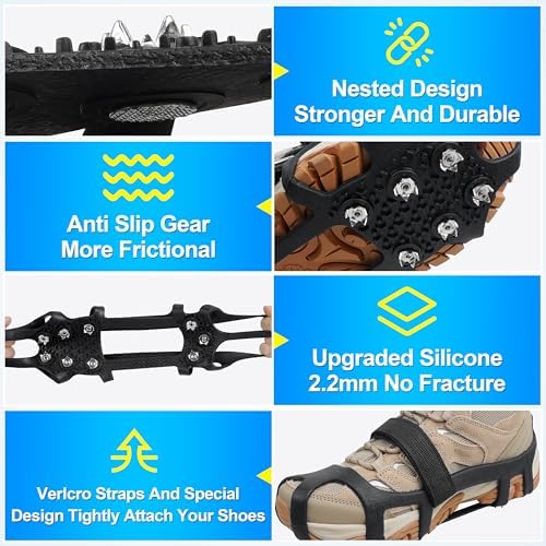 Ice Cleats for Shoes and Boots Crampons Snow Traction Cleats Anti Slip Overshoe 9 Steel Studs Shoe Grippers Slip-on Stretch Footwear for Women Men Kids Winter Hiking Climbing