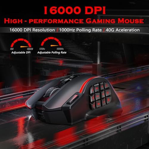 Redragon Gaming Mouse, MMO Mouse Gaming UP 12400 DPI, 19 Macro Programmable Buttons, RGB Mouse with 12 Side Buttons, 8 * 2.4g Weight Tuning for PC Laptop MOBA FPS, M901K, Black