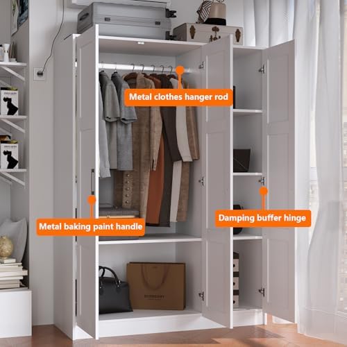 Fenghua Lizhi 3 Doors Wooden Wardrobe Closet Armoire, White Storage Cabinet for Hanging Clothes, Bedroom Large Capacity Freestanding Armoire,Wood Wardrobe Combination with Shelves