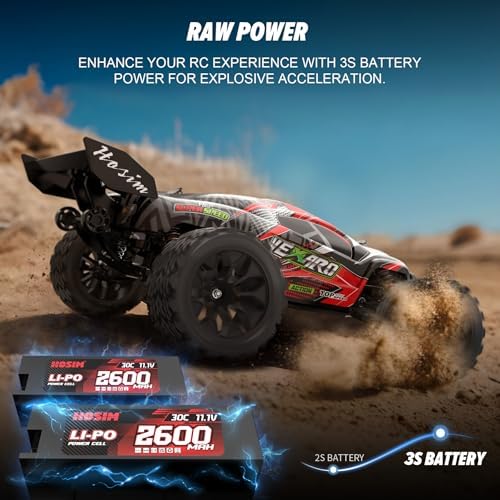 Hosim Mini 1:8 Brushless RC Cars for Adults, VEXARO 50+MPH Fast RC Trucks | 3660 3100KV Brushless Motor & 80A ESC, 2* 2600mAh 3S Lipo, Chrome Steel Central Transmission, All-Metal Oil-filled Shocks