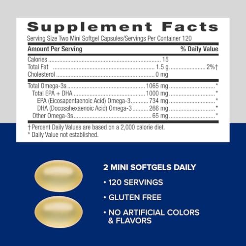 GNC Triple Strength Fish Oil Mini, 1000mg EPA & DHA, 120 Mini Softgels | Provides 1000mg EPA and DHA per Serving to Support Heart, Brain, Skin, Eye, Joint Health, and a Balanced Mood
