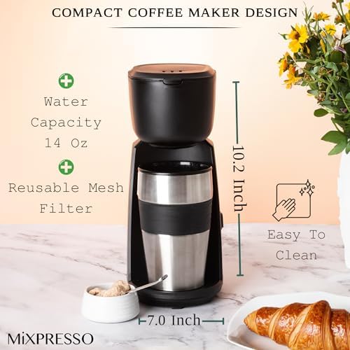Mixpresso Single Serve & Single Cup Coffee Maker with 14oz Travel Mug Black | For ground coffee only, reusable filter, auto shut off. Compact personal drip coffee maker, not compatible with K-Cup pods.