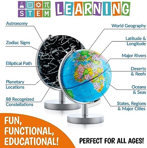 USA Toyz Illuminated World Globe with Stand - 3in1 STEM Globes for Adults and Kids, Constellation Map, Built-In LED Night Light Lamp, Easy to Read Texts, Non-Tip Base, 13.5 Inch Tall, 9 Inch Diameter