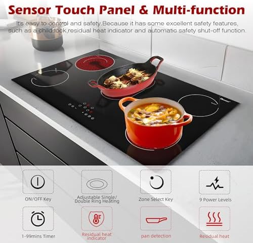 Electric Cooktop 36 Inch 5 Burners, 220~240V, Built in Electric Stove Top, 8400W Radiant Ceramic Cooktop with Hardwired, Touch Control, Child Lock