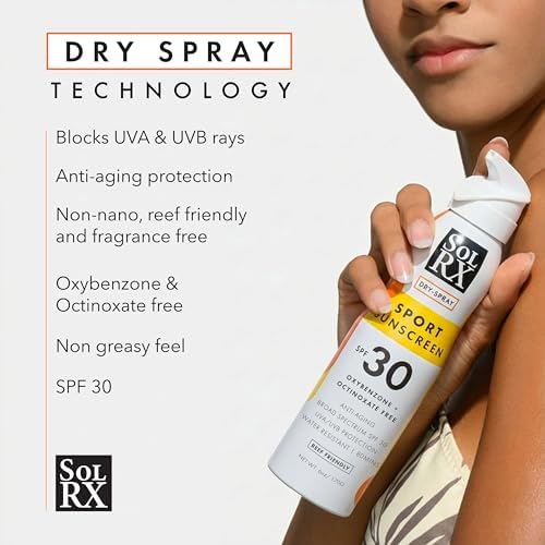 SolRX Sport SPF 30 Dry Spray Sunscreen, Water & Sweat Resistant 6oz | 360 Degree Multi-Angle Spray Nozzle, Designed For Easy Application
