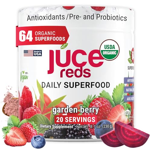 Juce Reds Organic Superfood Powder | Beet Root, 64 Superfoods | 20 Servings | Garden Berry flavor | Probiotics