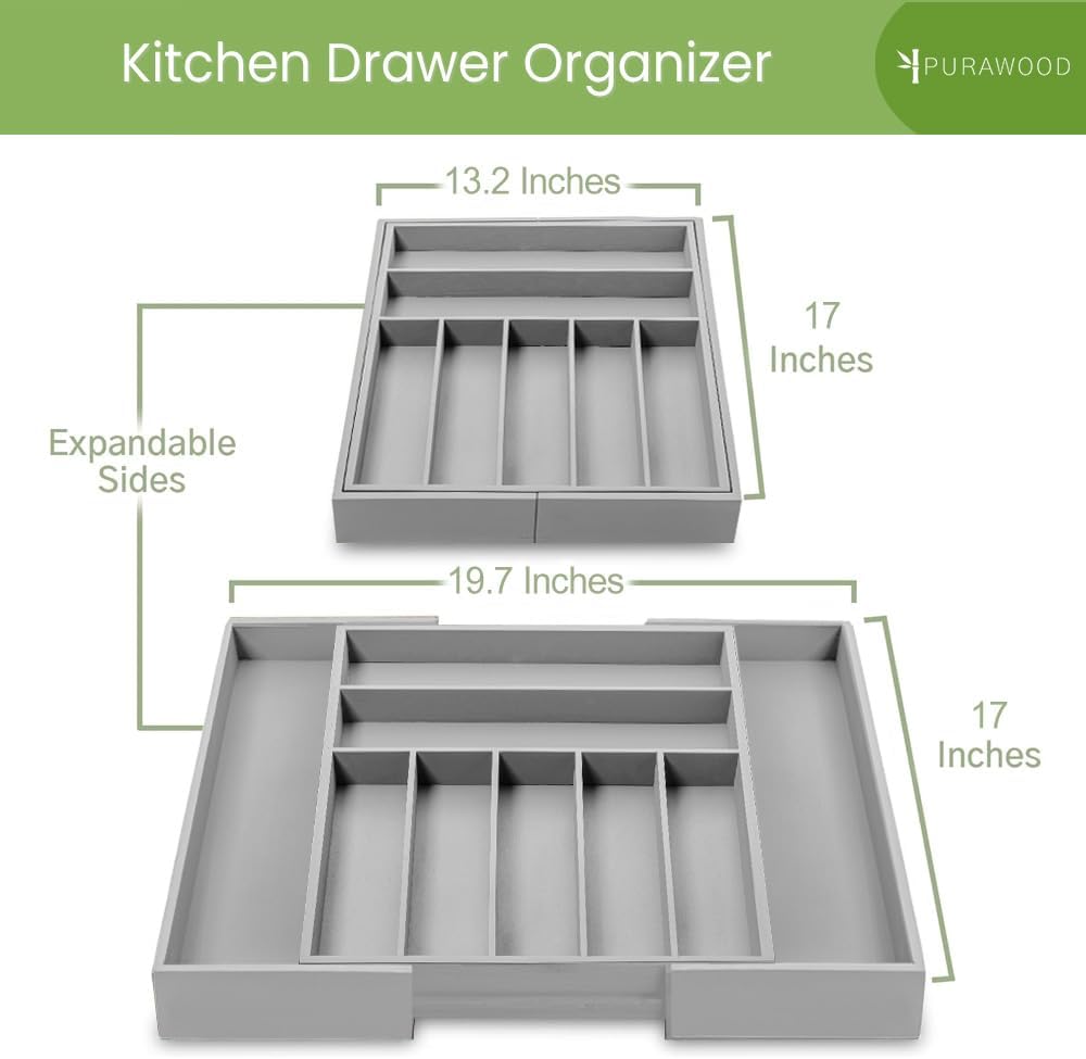 Purawood Kitchen Drawer Organizer - Expandable Utensil Drawer Organizer for Kitchen, Cutlery Tray & Silverware Organizer