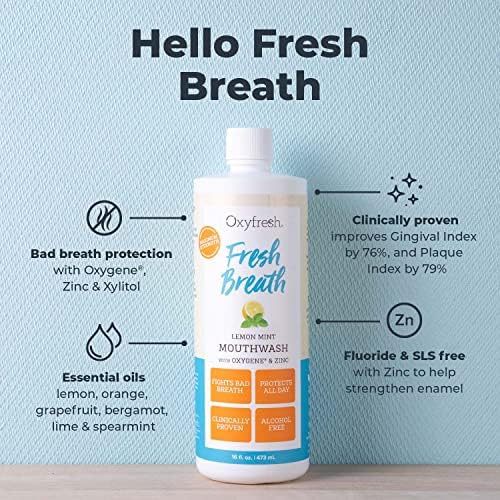 Oxyfresh Lemon Mint Fresh Breath Mouthwash – Bad Breath Treatment – SLS & Fluoride Free – Alcohol Free, Gentle Nonburning with Xylitol & Essential Oils – 16 Fl Oz | Refreshing Oral Rinse for Bad Breath – Alcohol Free, Gentle Non Burning Mouthwash with Xy…