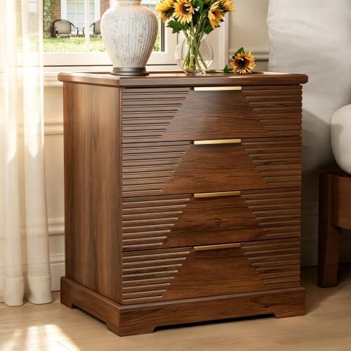 Gyfimoie Tall Nightstand with 4 Drawers Walnut Fluted Bedside Table | Stylish Fluted Design, Rich Walnut Finish, Gold Bar Pulls