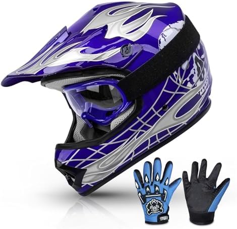TCMT Youth Dirt Bike Helmet DOT Certified - Kids Full Face Motocross ATV Helmet with Goggles, Gloves and Helmet Bag for Off-Road, BMX, MX, Street Riding