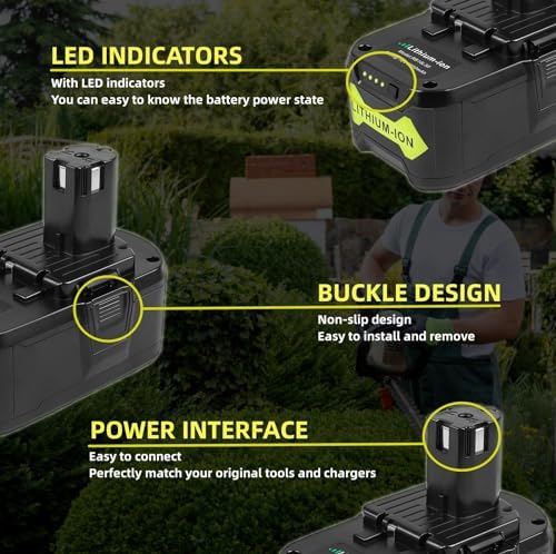 ARyee 18V Battery 6.0Ah 2-Pack, Replacement for Ryobi P107 P108 P109 Cordless Tools, Lithium-Ion Battery for Ryobi One+ 18V Power Tools