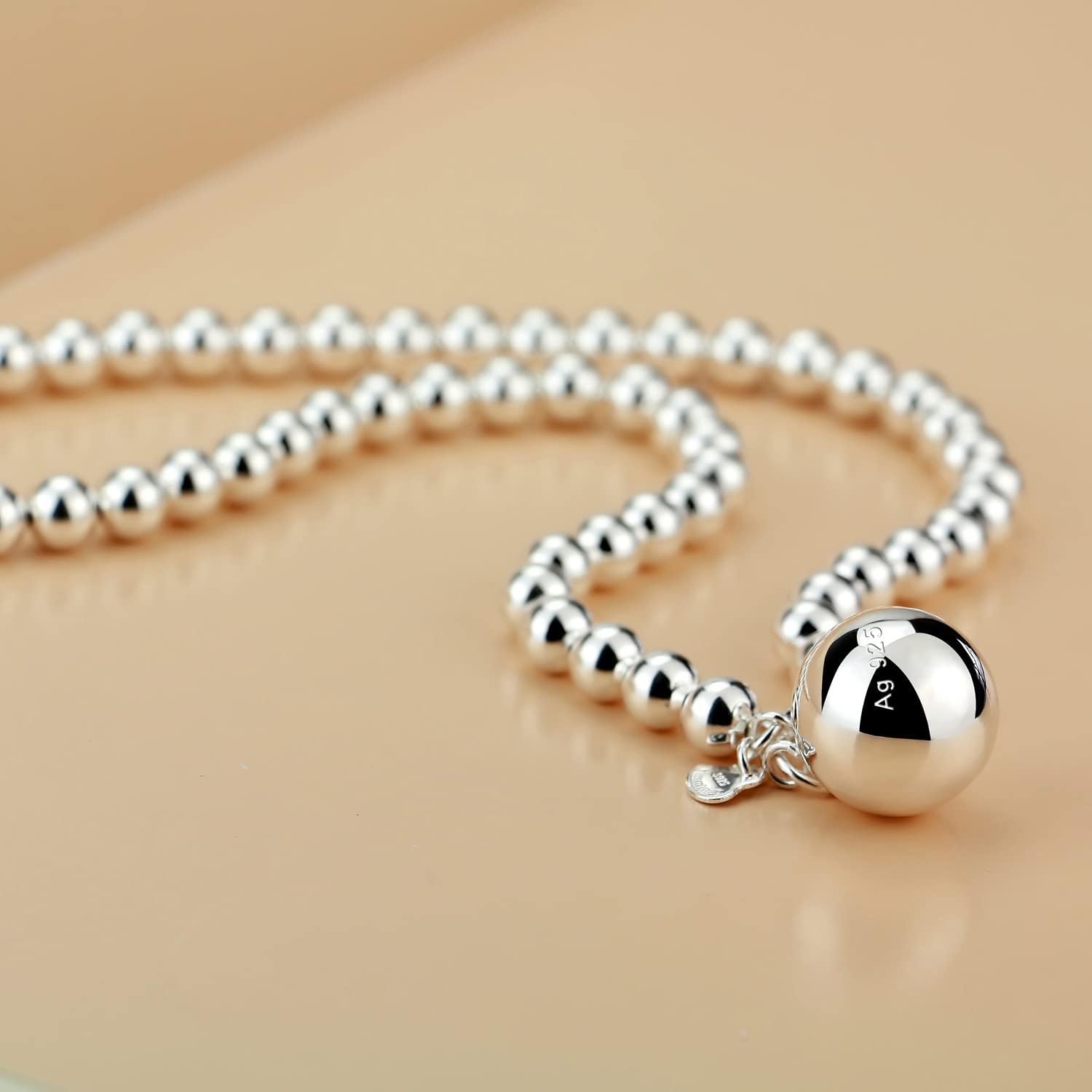 Dankadi Italy Fashion Women 925 Sterling Silver Bead Necklace Bell and Heart Pendant 4MM 6MM Round Prayer Beads Link Chain 18 "20" 22 "24" 26 "28"