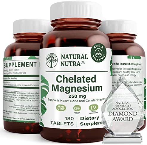 Natural Nutra Chelated Magnesium Oxide 250 mg - High Absorption for Strong Bones, Heart Health, Dental Health, Energy Boost, Gluten-Free, Non-GMO, 180 Tablets in BPA-Free Recyclable Glass Bottles