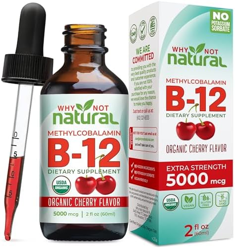 Why Not Natural Organic Vitamin B12 Liquid - Sublingual Extra Strength 60 x 5000 mcg Methylcobalamin Drops, Vegan, Maximize Absorption and Energy