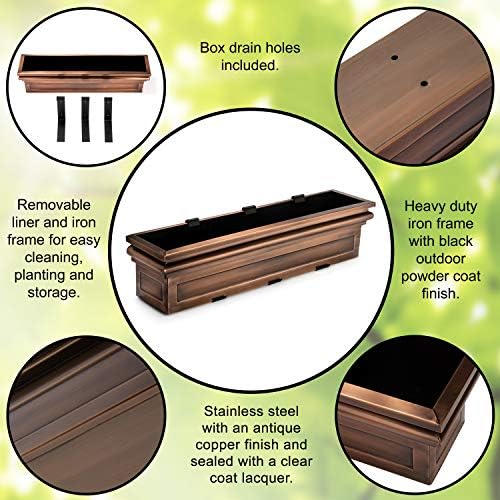 H Potter 36" Copper Finish Window Box Planter with Iron Brackets | Metal Outdoor Flower Box, Flat Back Design, Garden Accent