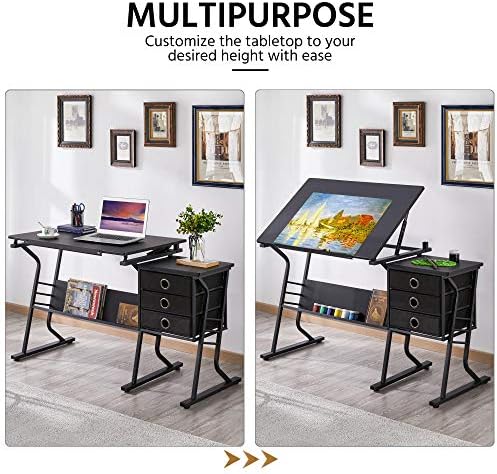 Topeakmart Height Adjustable Drafting Table Art Craft Desk Work Station Hobby Design Studio Tiltable Tabletop Drawing Desk with Stool & Storage
