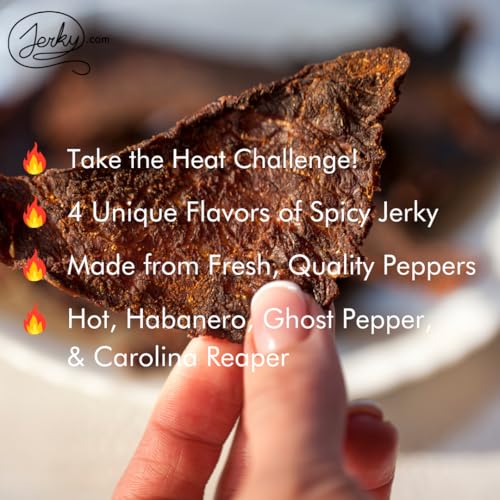 Jerky.com Hot Jerky Combo - Featuring Habanero, Classic Hot, Carolina Reaper, Ghost Pepper - Perfect for Heat Seekers and Flavor Enthusiasts - Beef Jerky Gift for Men (4 Flavors - 2.5 oz. bags)