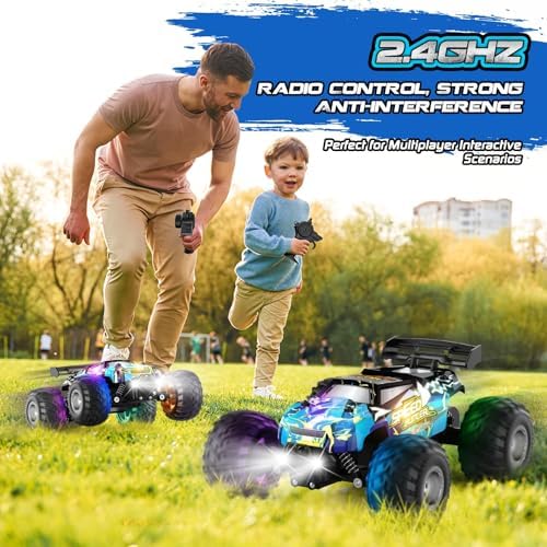 Rcjoyou Remote Control Car, 2WD Off-Road Rc Truck, 20 KM/H All-Terrain RC Cars with Headlights & Body Lights, 2.4GHz, 2 Batteries