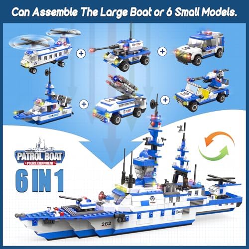 EP EXERCISE N PLAY City Police Set Battleship Building Toy, 1169 Pieces 6 in 1 Boat War Ship Block Set, Fun Toy Gift for Kids Boys & Girls Ages 6+