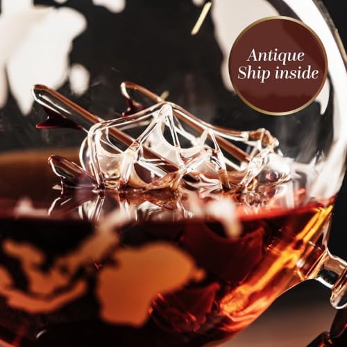 Kemstood Whiskey Decanter Sets for Men - Etched World Globe Design with Wood Stand & 2 Glass - Ideal for Dignified Drinking, Home Decor - Unique Whiskey Gifts for Men - 28 oz / 850 ml Capacity