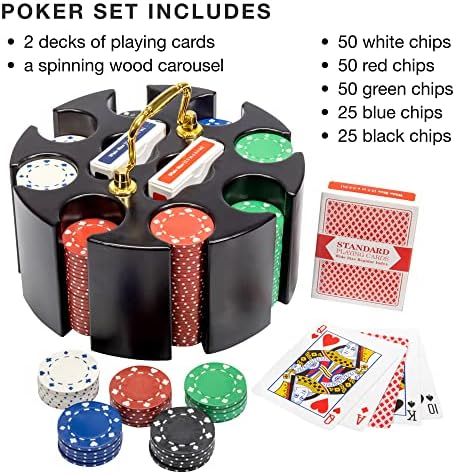 Brybelly Poker Chips - Poker Set with Wood Carousel Case for Casino Party, Texas Holdem, Blackjack and Family Game Night - 200 Count