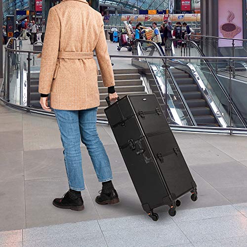 mefeir 2 in 1 Rolling Makeup Train Case Professional Cosmetic trolley on Wheels Aluminum Nail Cart Cosmetic Suitcase for professional makeup artist, Luggage Lockable w/4 Removable Wheels (Black)