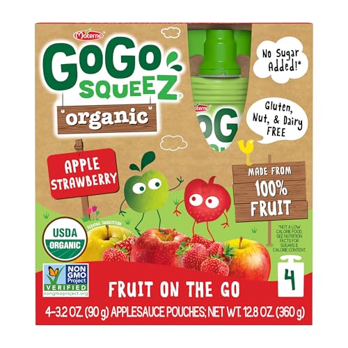 GoGo squeeZ No Sugar Added Organic Applesauce, Apple Apple, 48 Count | Kids on the go fruit snack made with applesauce & fruit puree; 3.2 oz pouches, gluten and nut free, recloseable cap, BPA-free