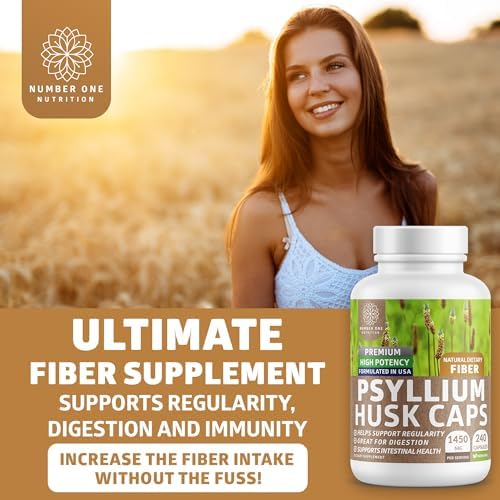 Psyllium Husk Capsules 1450mg, Soluble Fiber Support, Non-GMO, 240 Caps