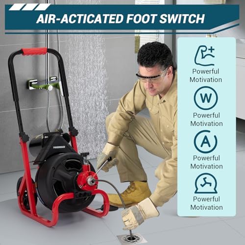 100Ft x 3/8 Inch Drain Cleaner Machine, 370w Electric Drain Auger Machine with Auto-Feed & 6 Cutters, Sewer Snake Auger with Wheels