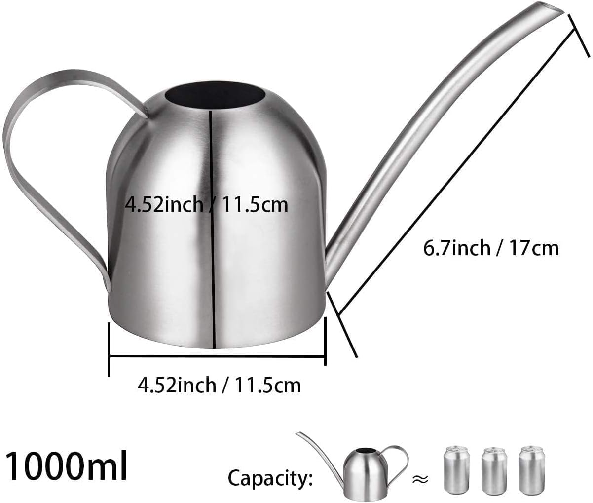 IMEEA Indoor Watering Can for House Plants 33oz/1L Brushed Stainless Steel Watering Can with Long Spout for Succulents, Bonsai
