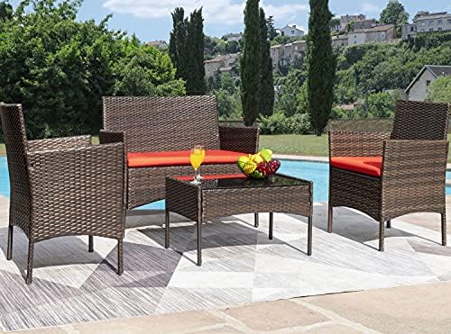 Greesum Patio Furniture 4 Pieces Conversation Sets,Brown and Beige