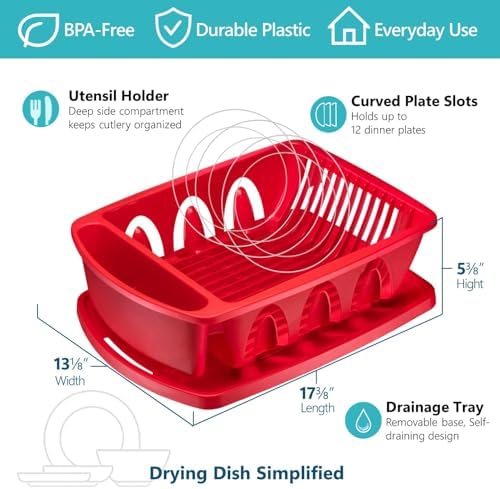 Tribello Sink Dish Drying Rack, Heavy Duty Hard Plastic Drying Rack, Dish Drainer for Kitchen Counter with Drainboard Set