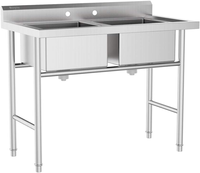 Bonnlo Commercial 304 Stainless Steel Sink 2 Compartment Free Standing Utility Sink for Garage, Restaurant, Kitchen, Laundry Room, Outdoor