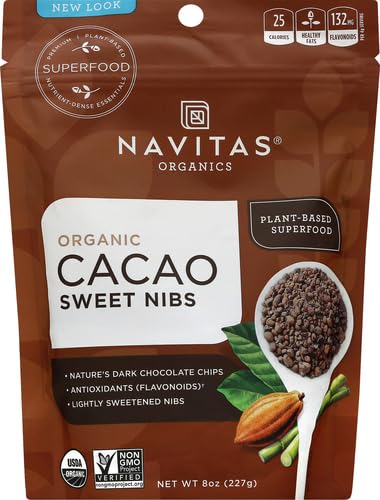 Navitas Organics Cacao Nibs – Unsweetened Dark Chocolate Crunch – Antioxidants, Minerals, Fiber – For Trail Mix, Baking & More – USDA Organic, Fairtrade, Non GMO, Gluten Free, Non-alkalized (8oz. Bag 76 Servings)