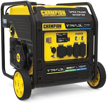 Champion Power Equipment 9000-Watt Electric Start Tri Fuel Home Backup Portable Open Frame Inverter Generator with Quiet Technology and CO Shield