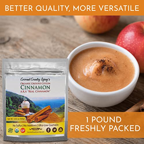 Organic Ceylon Cinnamon Powder 1 lb - True Ground Sri Lanka Spice, Raw | Low Coumarin, USDA Certified, Non-GMO, Gluten Free, Additive Free, for Baking, Cooking, Coffee and Tea, Resealable Pouch