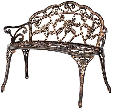 VINGLI 38.5" Patio Park Garden Outdoor Metal Rose Bench, 2-Person Cast Iron Cast Aluminium Frame Antique Finish Chair,Accented Lawn Front Porch Path Yard Decor Deck Furniture (Bronze, Rose)